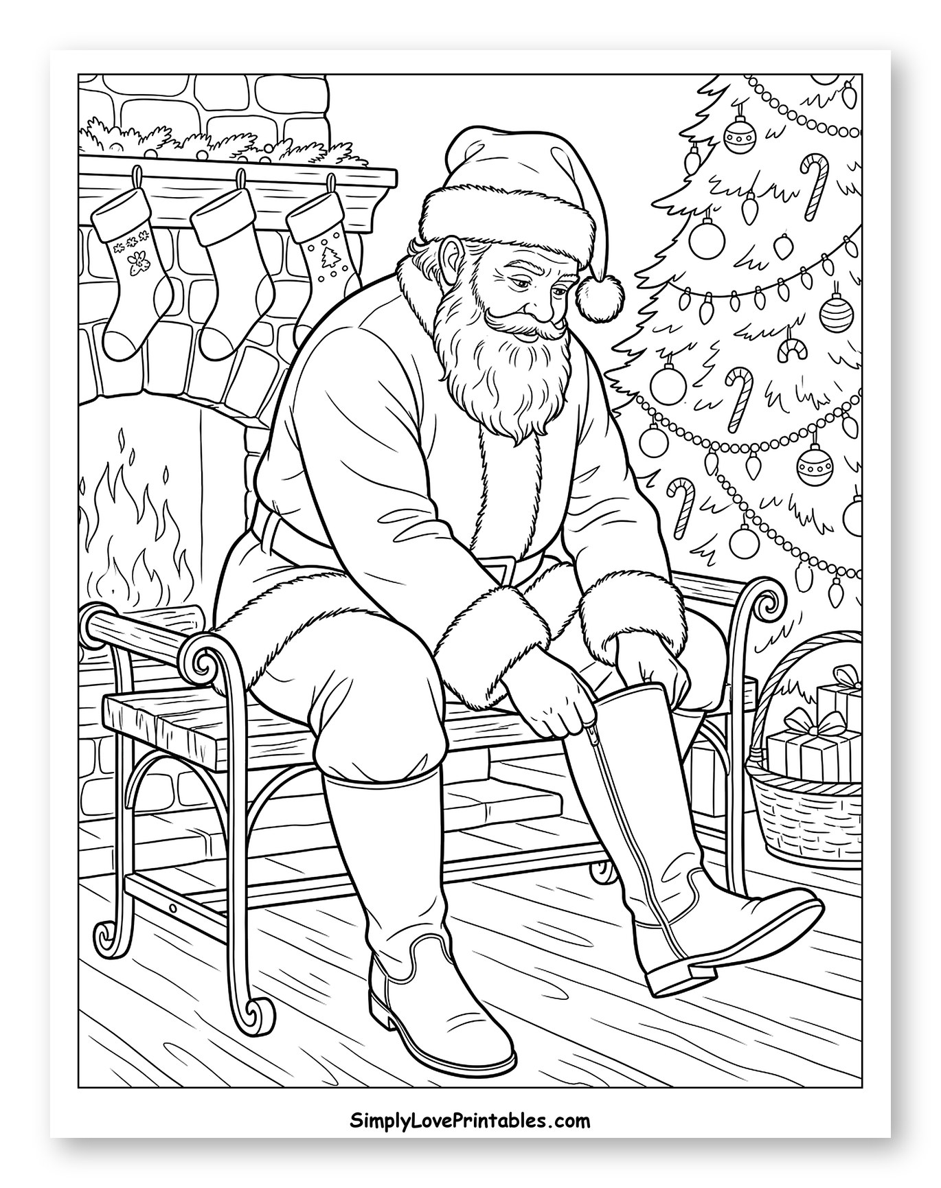 Santa Adjusting His Boots Near the Fireplace Coloring Sheet
