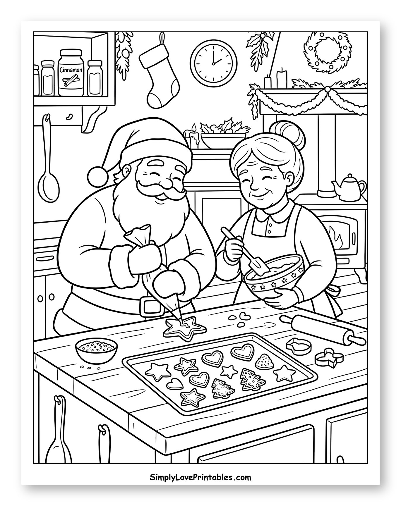 Santa and Mrs. Claus Decorating Christmas Cookies Coloring Page for Kids