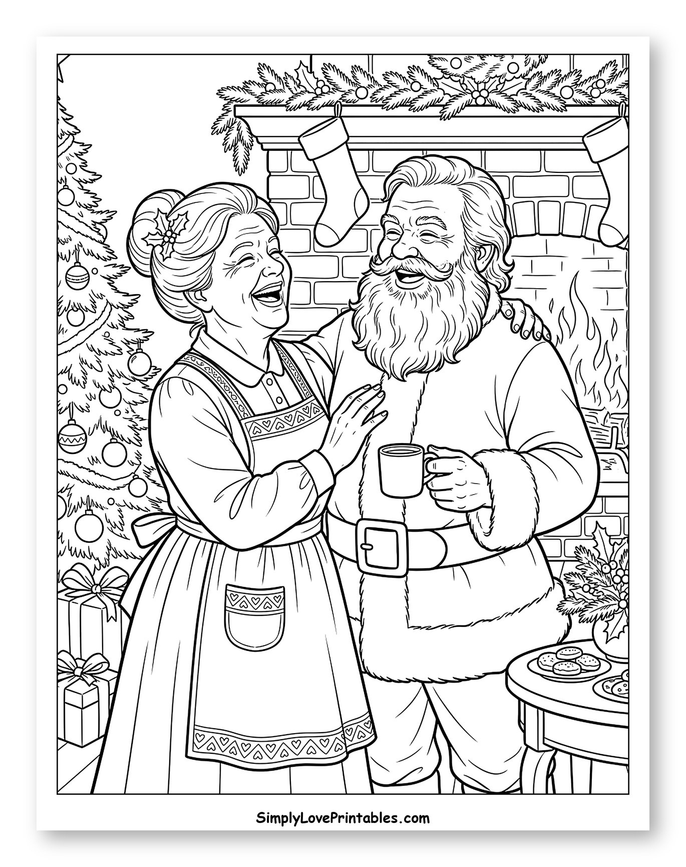 Santa and Mrs. Claus Laughing by the Fireplace