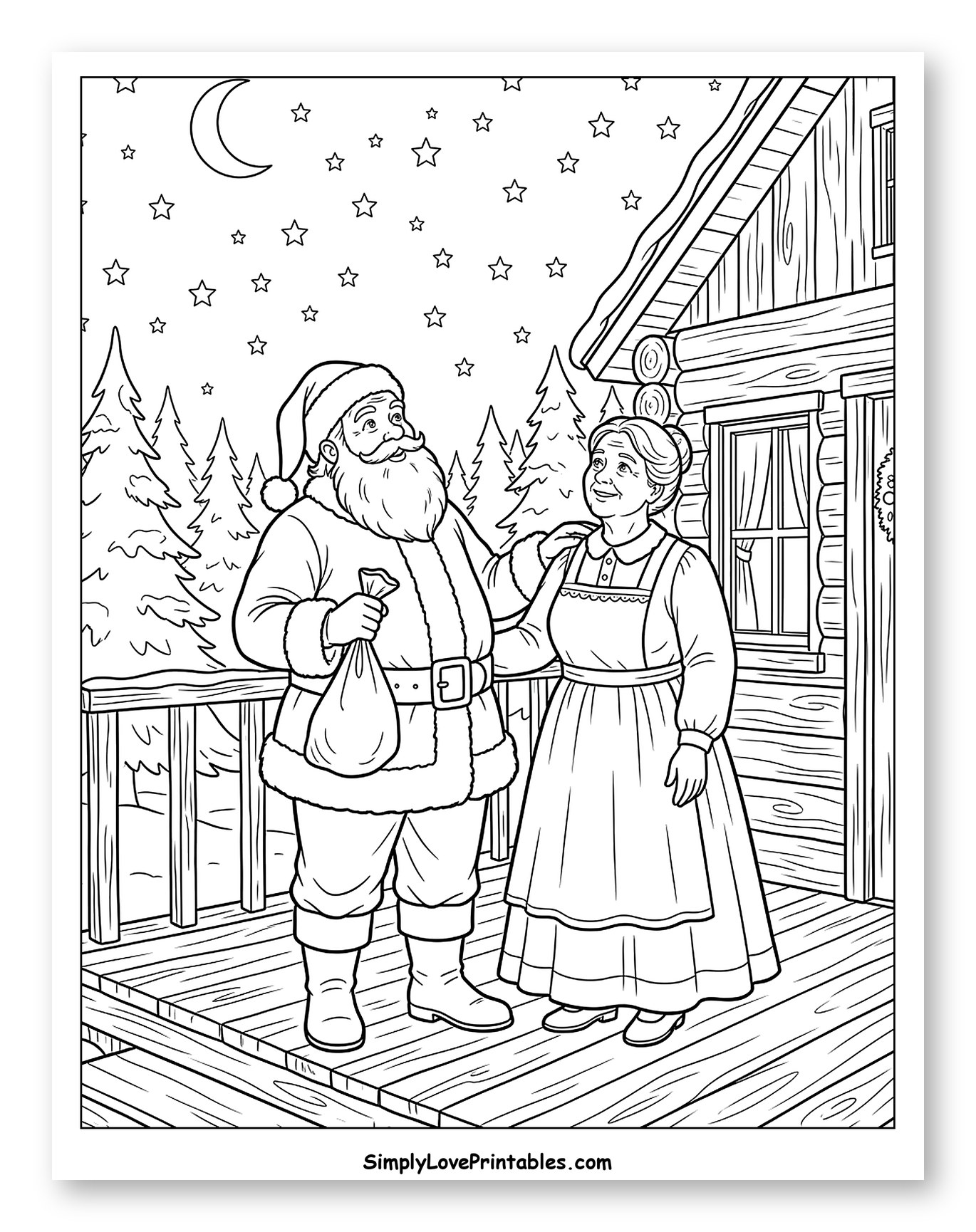 Santa and Mrs. Claus Outside Their Cozy Cabin Coloring Page