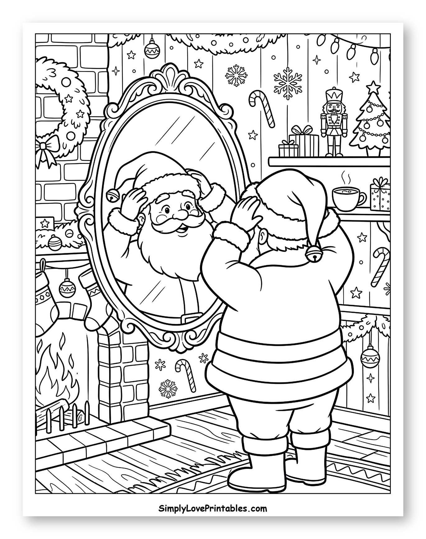Santa Claus Adjusting His Hat in the Mirror