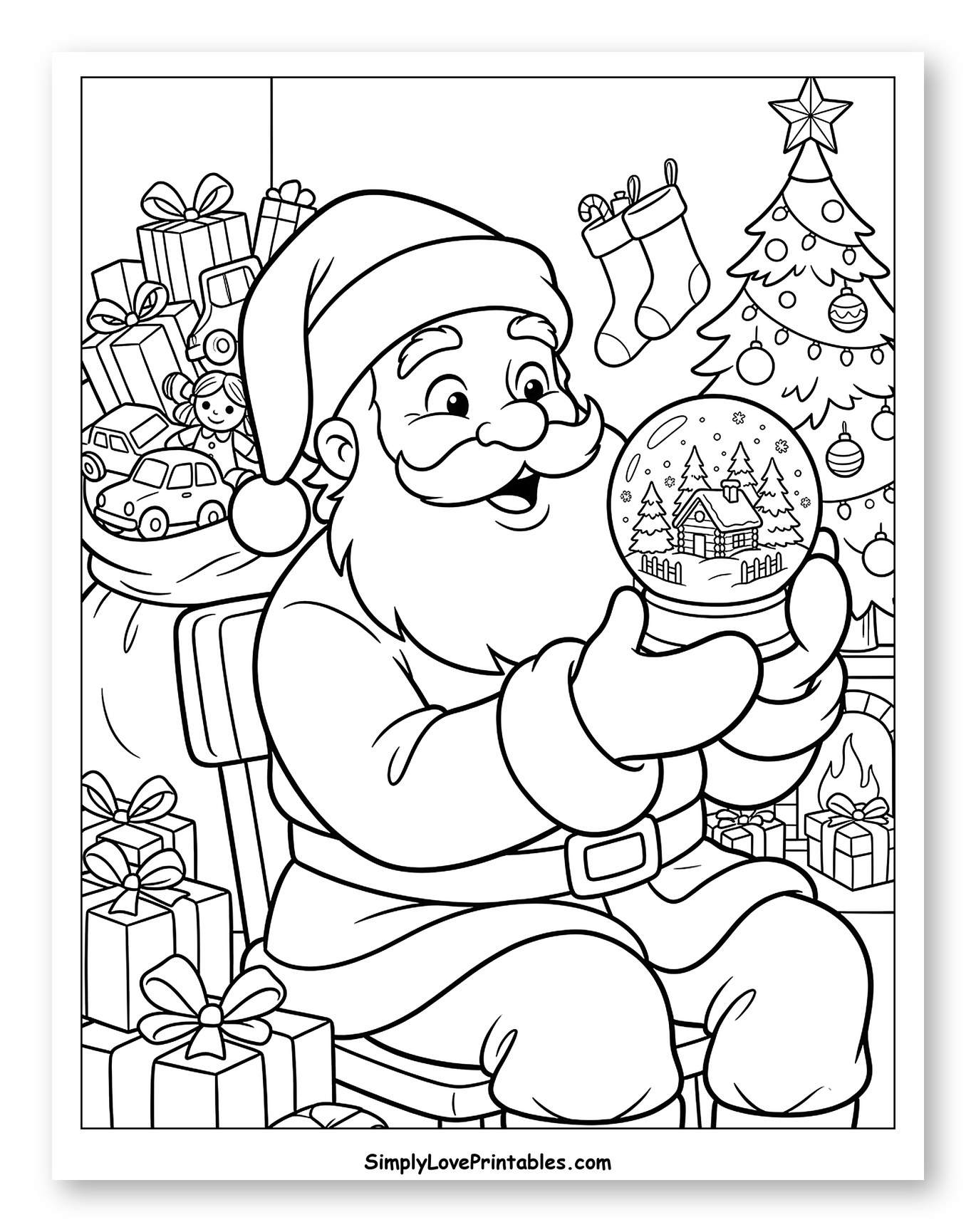 Santa Claus Admiring a Magical Snow Globe to Color for Kids