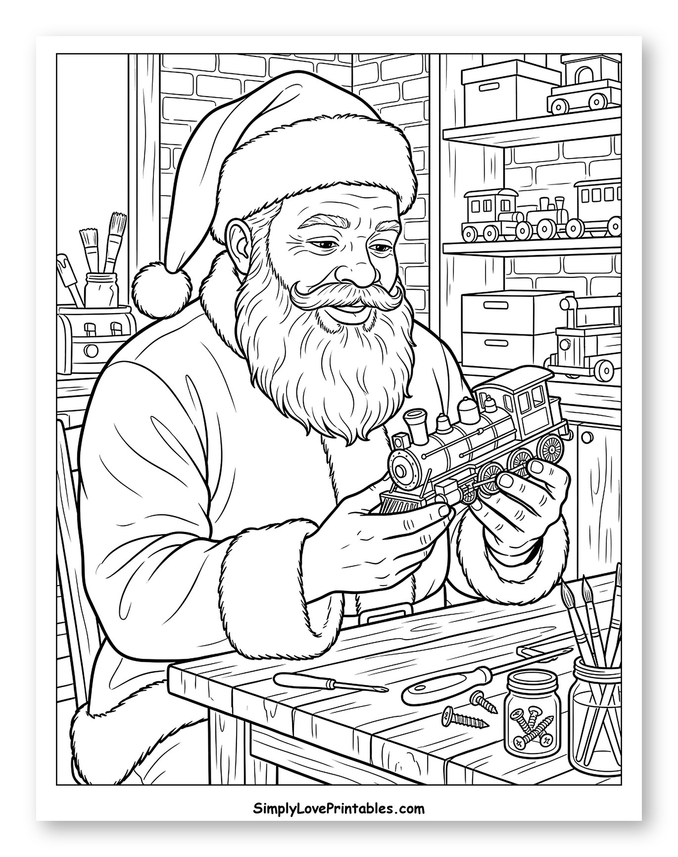 Santa Claus Building a Toy Train