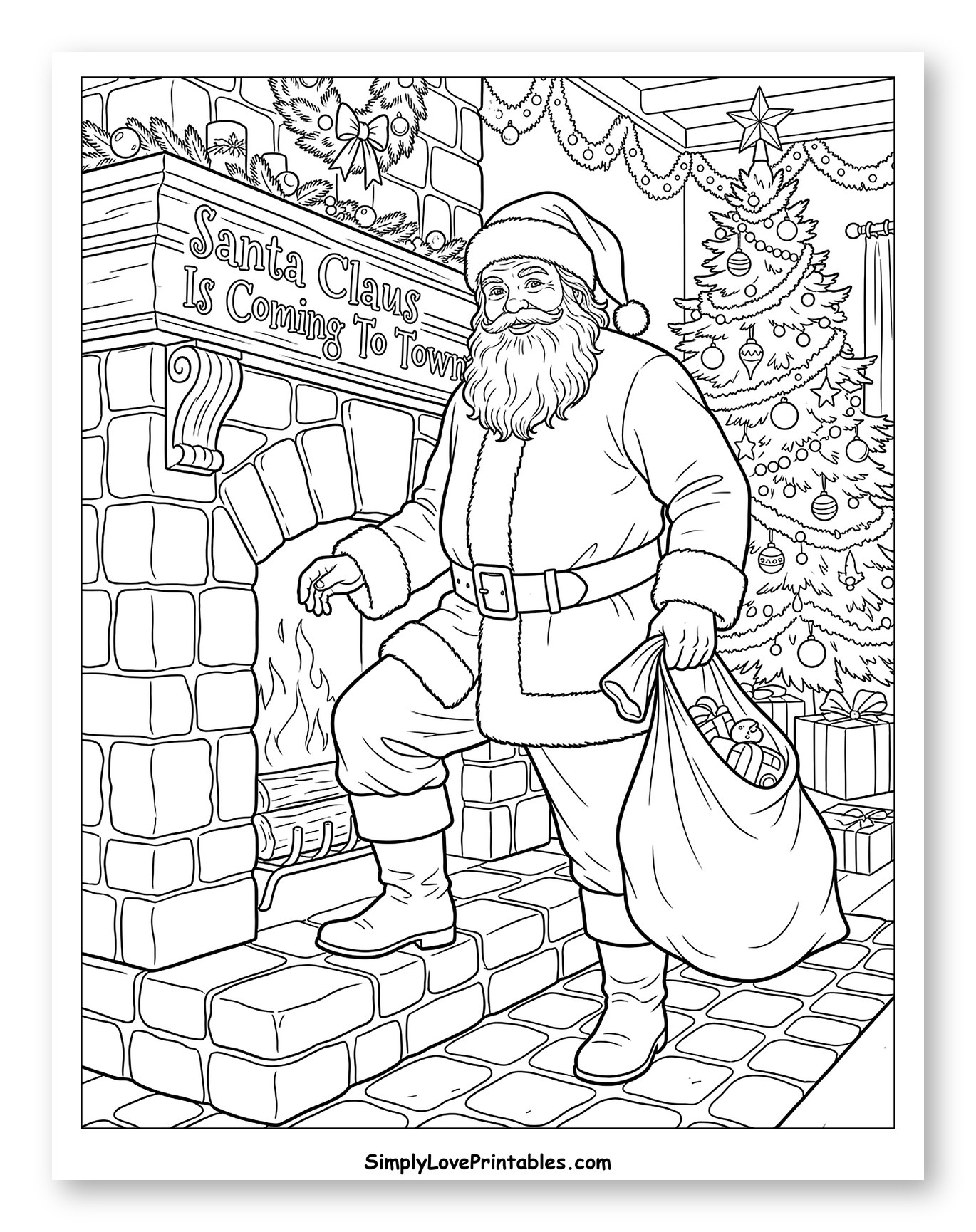 Santa Claus by the Cozy Fireplace with Toys Coloring Sheet