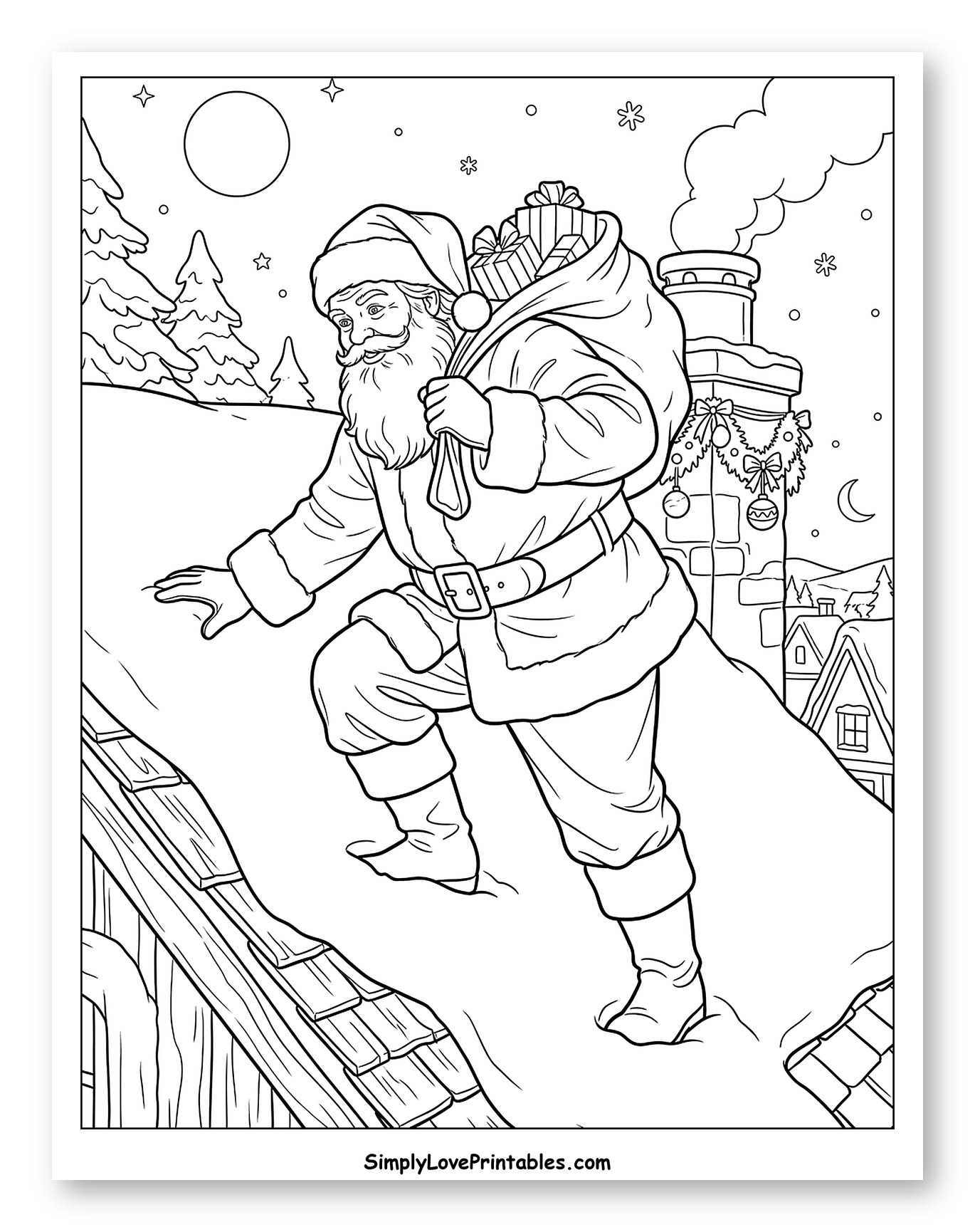 Santa Claus Climbing a Snowy Roof with Gifts
