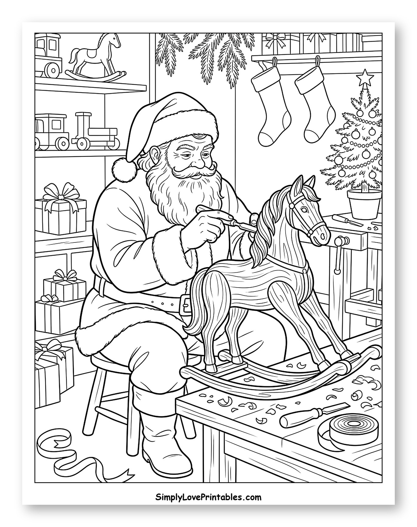 Santa Claus Crafting a Toy Rocking Horse Coloring Sheet