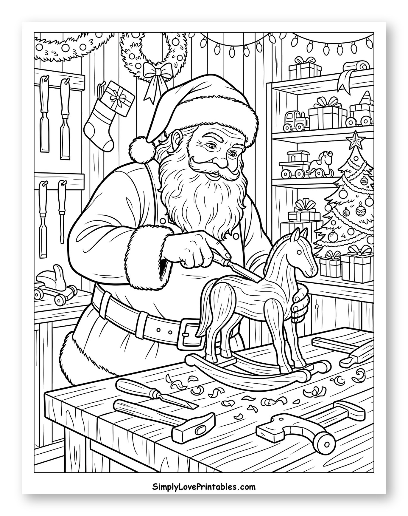 Santa Claus Crafting a Wooden Rocking Horse