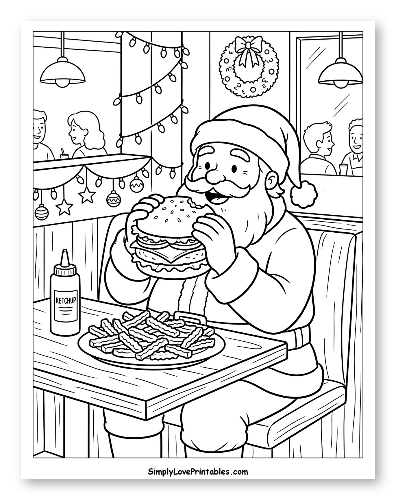 Santa Claus Eating a Burger at a Diner to Color for Kids
