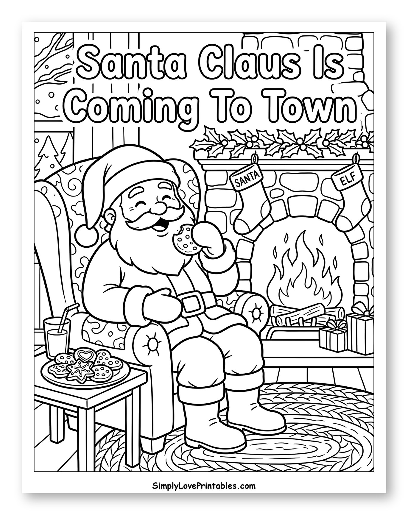 Santa Claus Enjoying Cookies by a Cozy Fire Coloring Page for Kids