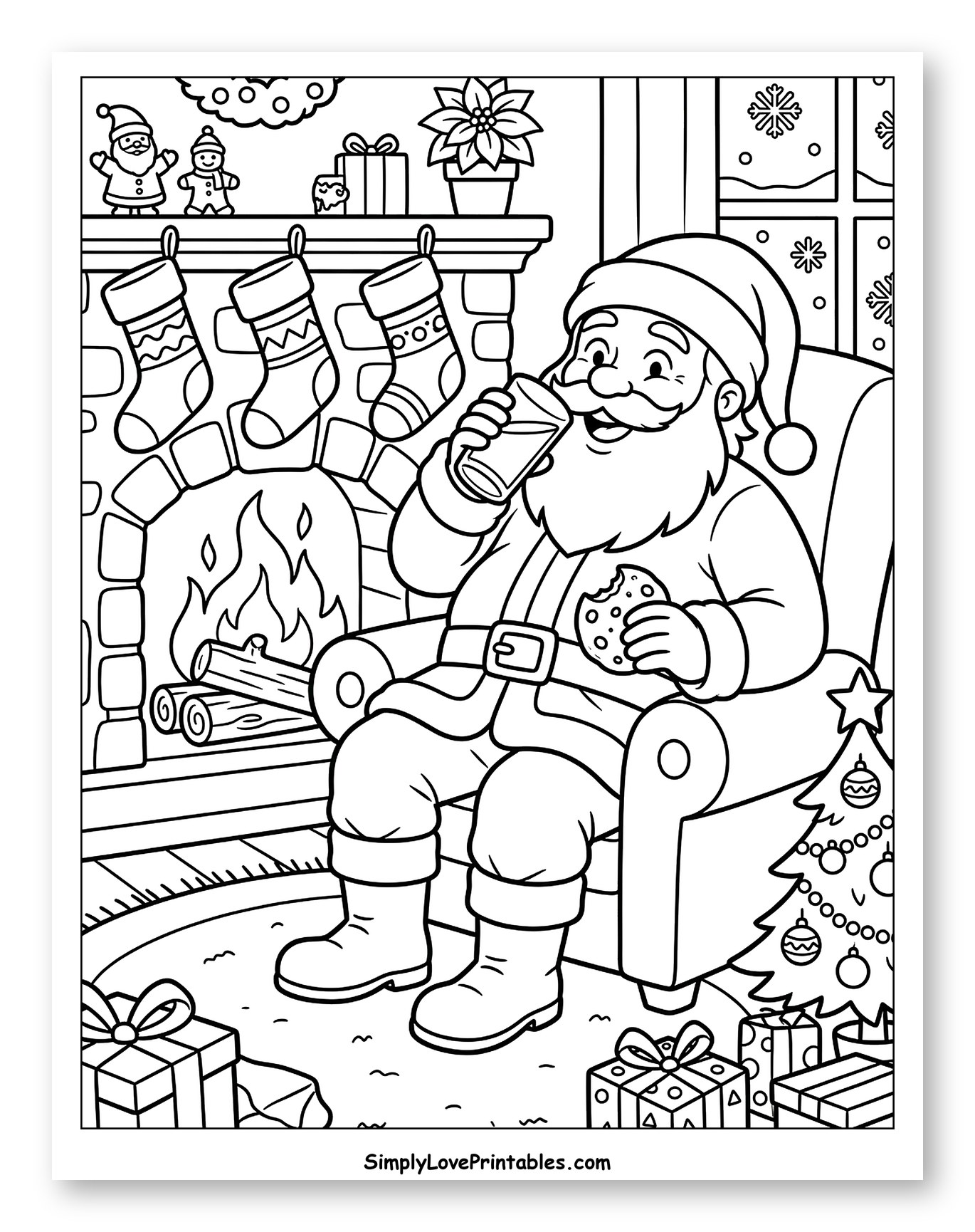 Santa Claus Enjoying Milk and Cookies to Color for Kids