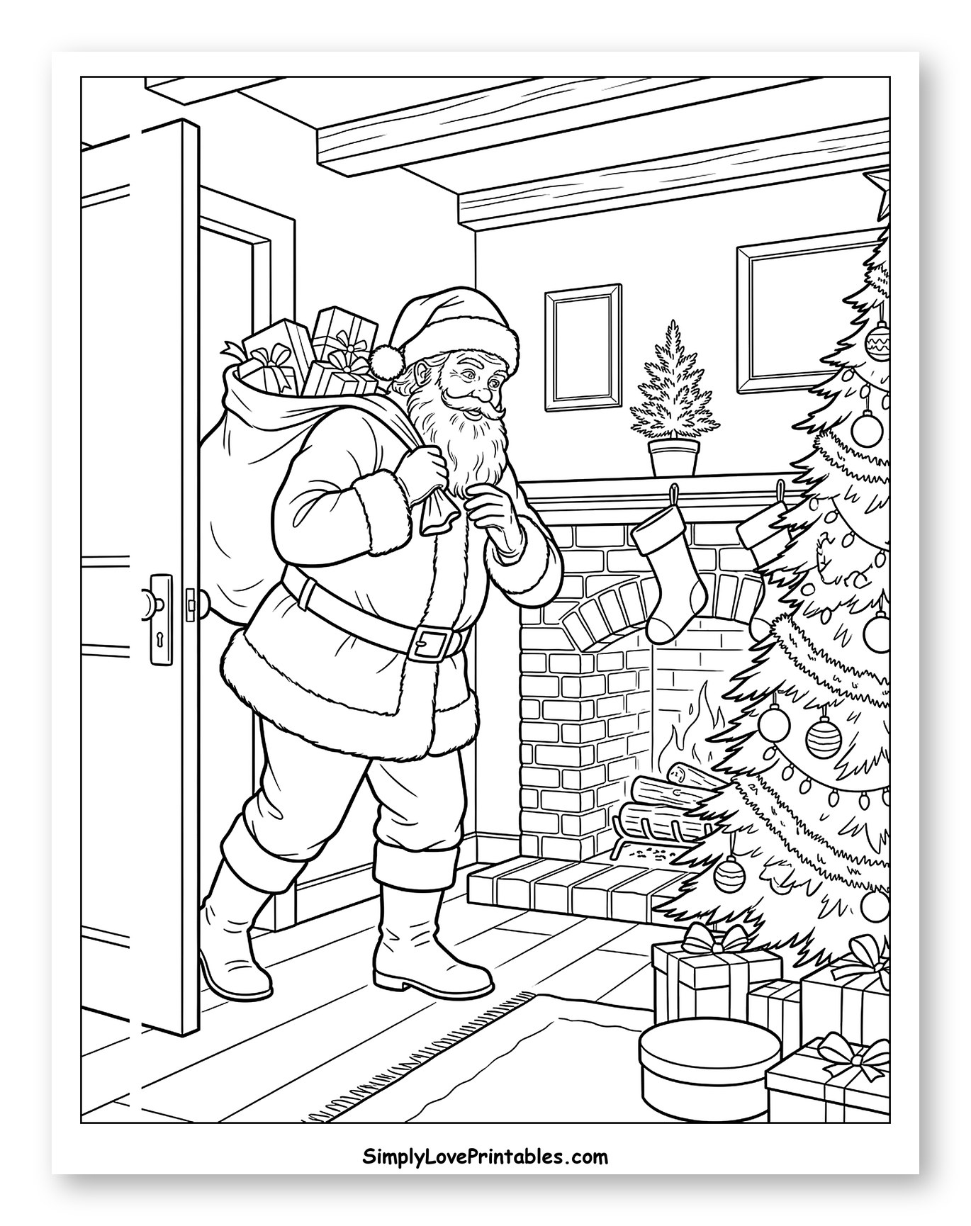 Santa Claus Entering a Cozy Home with Gifts to Color