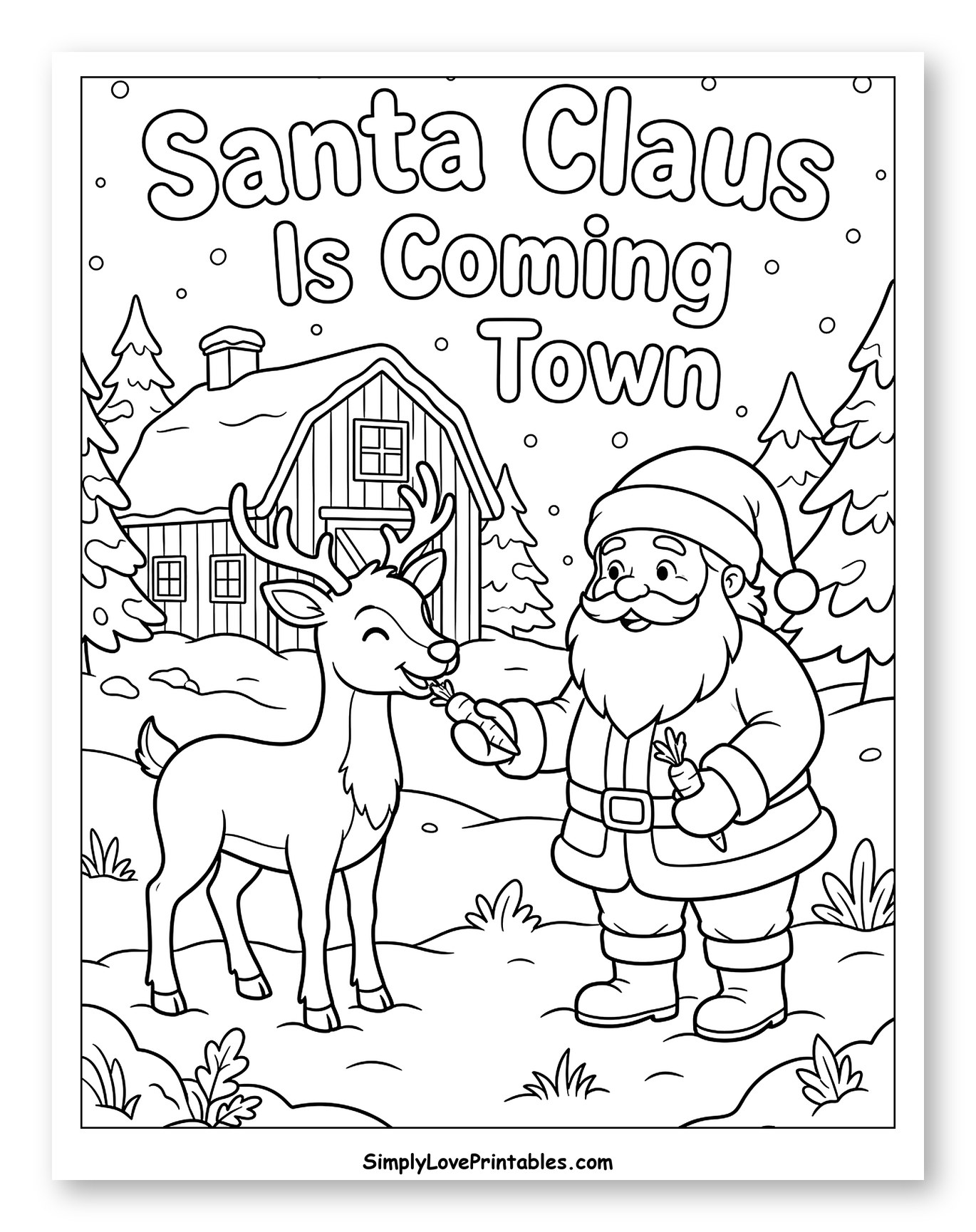 Santa Claus Feeding a Carrot to His Reindeer Coloring Page for Kids
