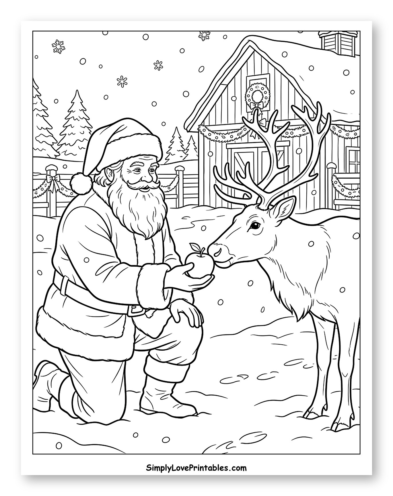 Santa Claus Feeding an Apple to a Reindeer to Color