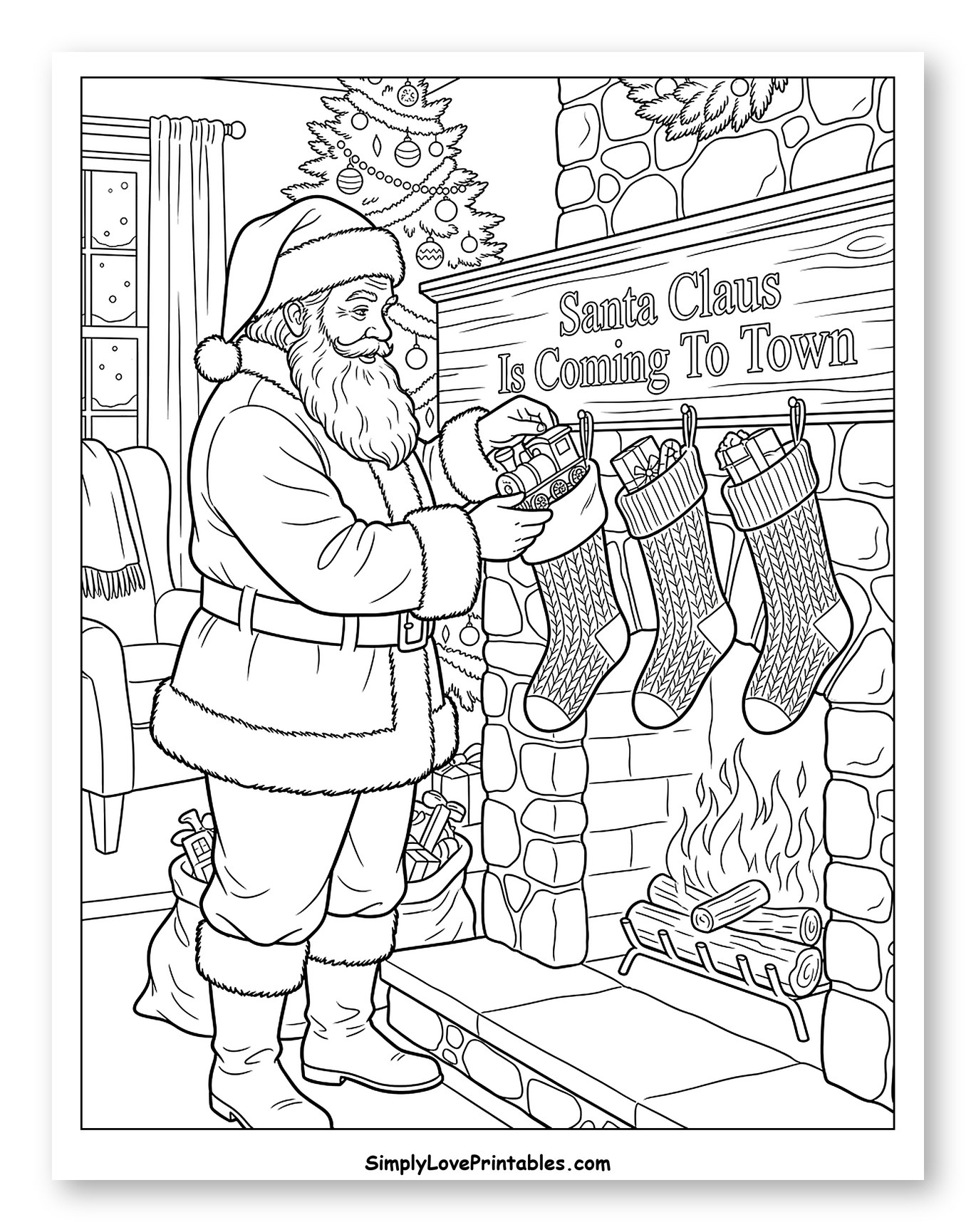 Santa Claus Filling Stockings by the Fireplace