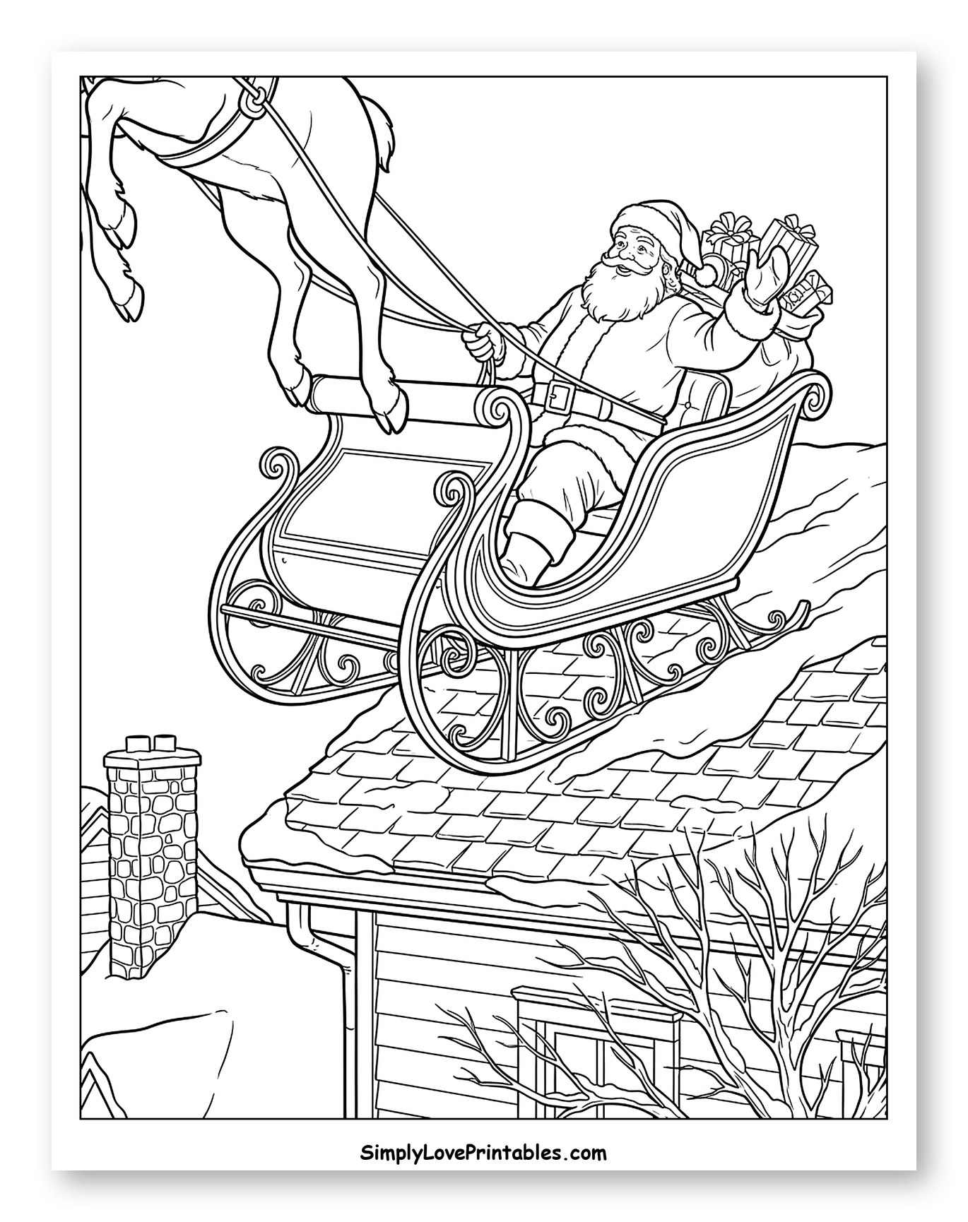 Santa Claus Flying in Sleigh Over Snowy Rooftop Coloring Sheet