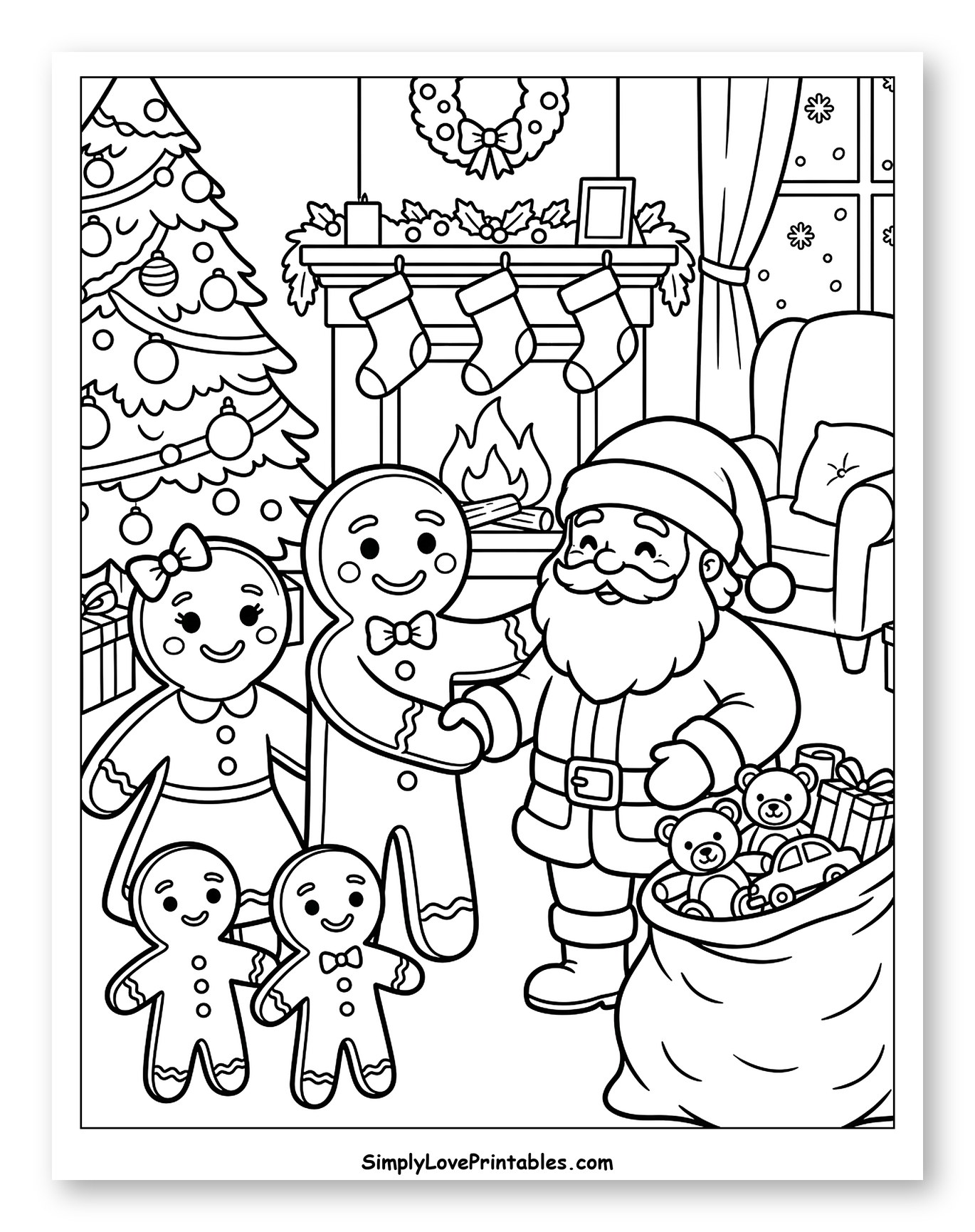 Santa Claus Greeting a Cute Gingerbread Family Coloring Sheet for Kids