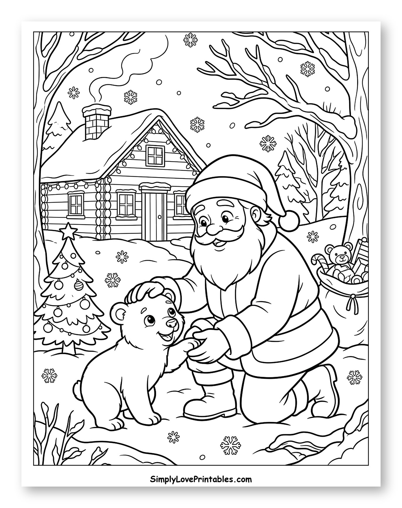 Santa Claus Greeting a Friendly Bear Cub Coloring Sheet for Kids
