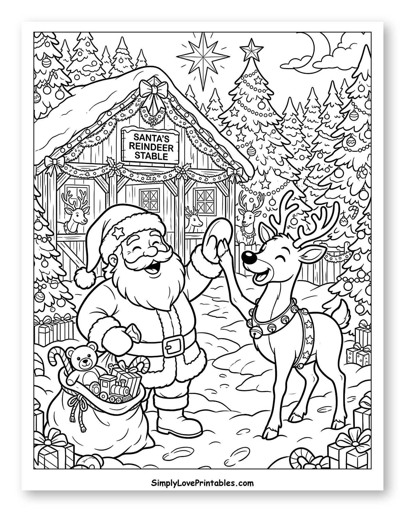 Santa Claus High-Fiving a Reindeer Outside the Stable