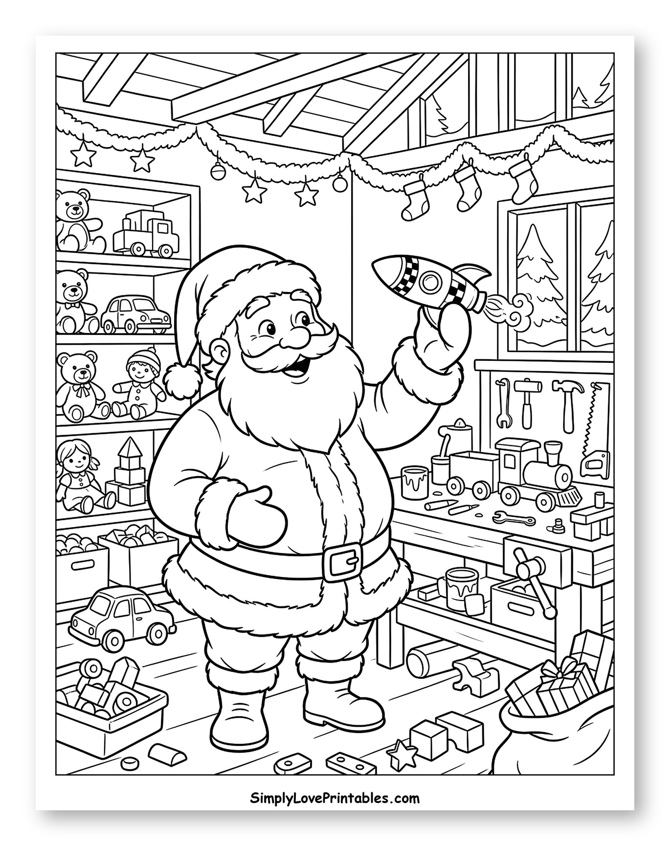 Santa Claus Holding a Toy Rocket in His Workshop
