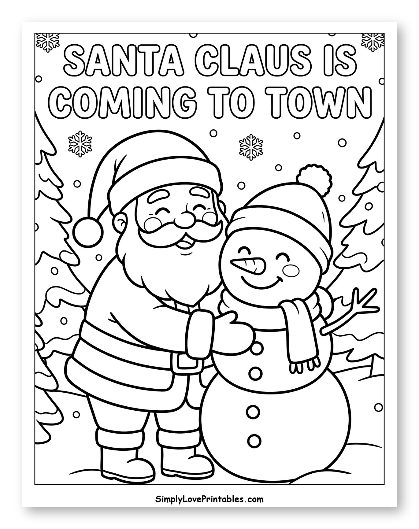 Santa Claus Hugging a Friendly Snowman to Color for Kids