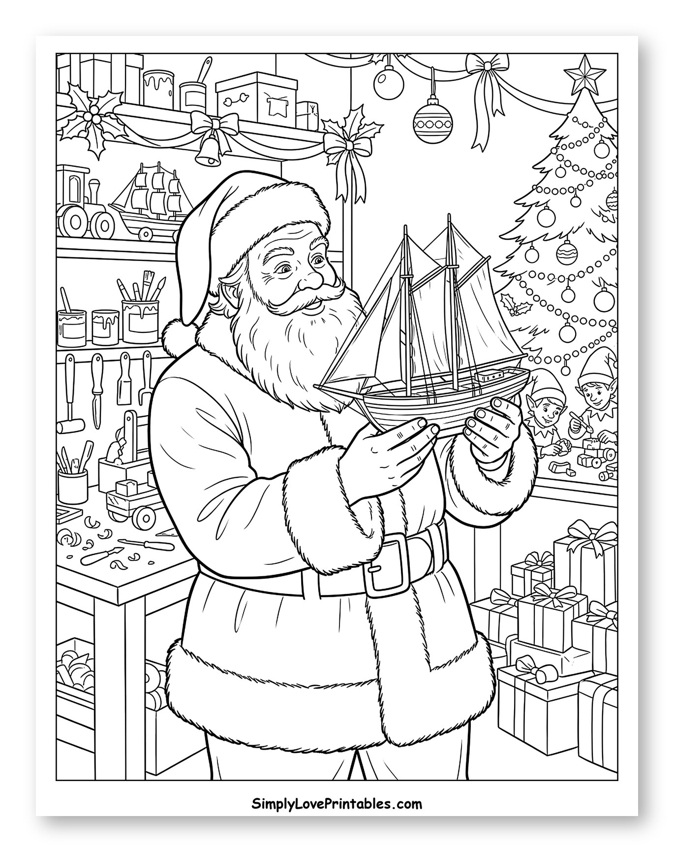Santa Claus Inspecting a Toy Sailboat in His Workshop to Color