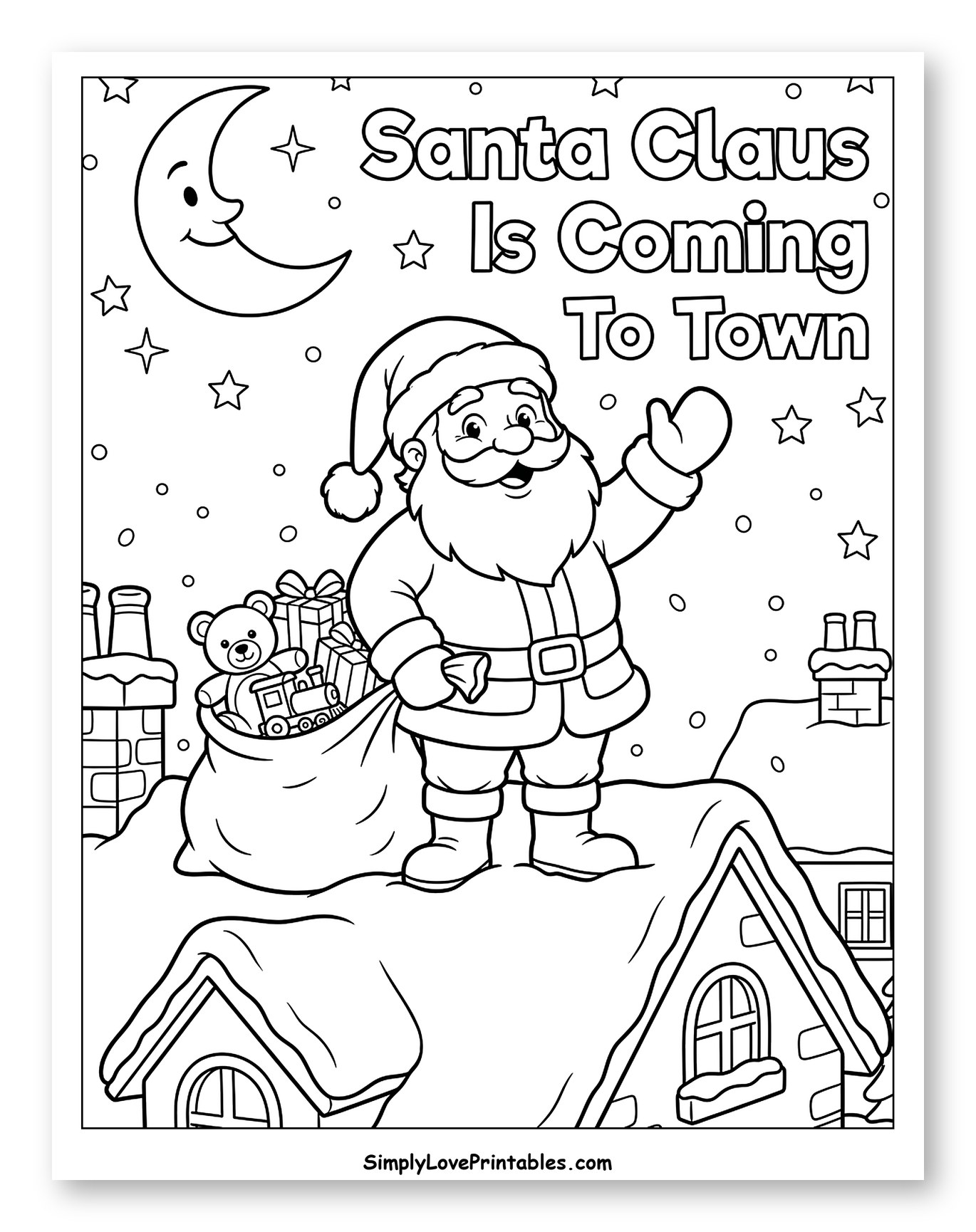 Santa Claus on a Snowy Rooftop with Toys Coloring Sheet for Kids