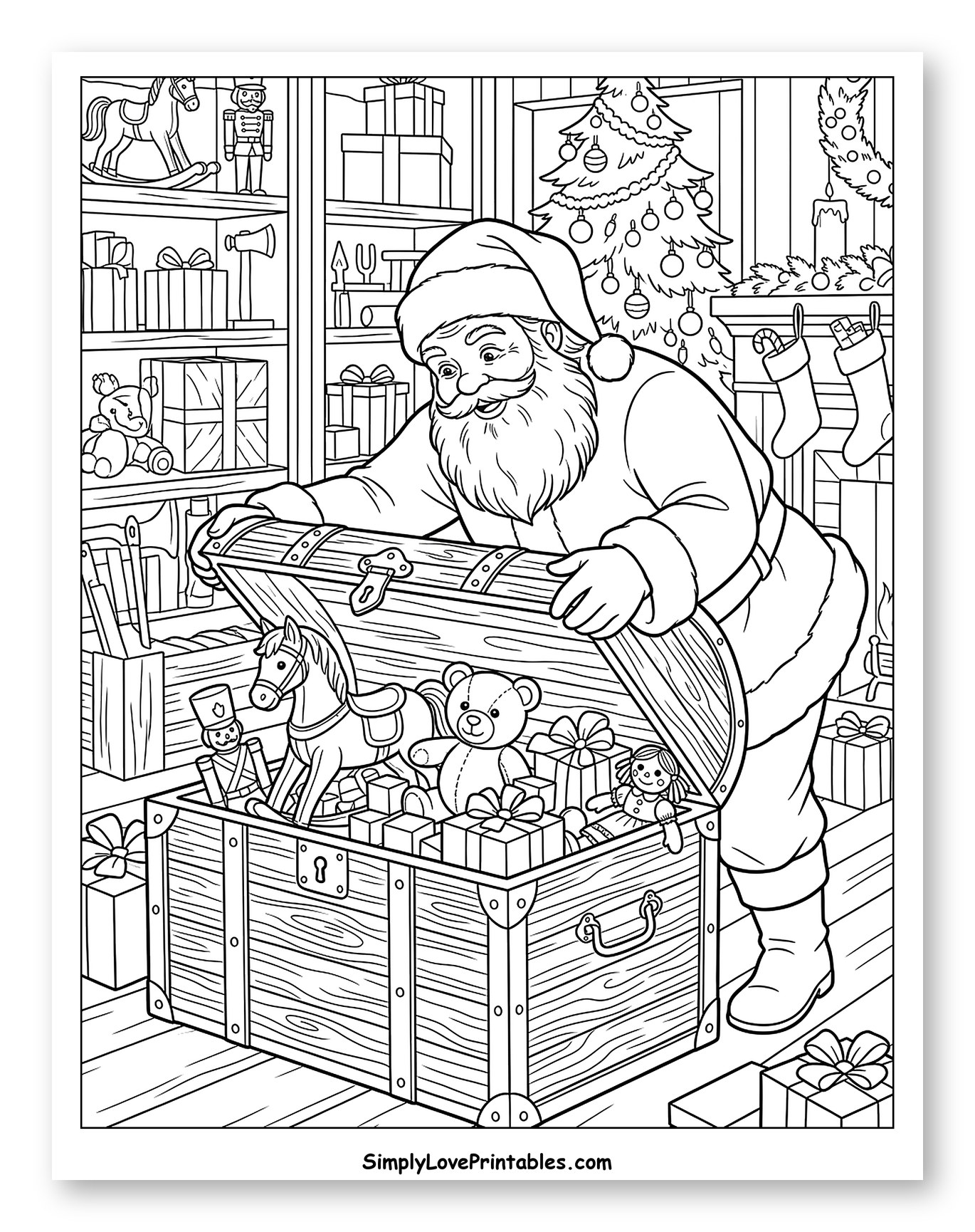 Santa Claus Opening a Wooden Chest of Toys Coloring Sheet