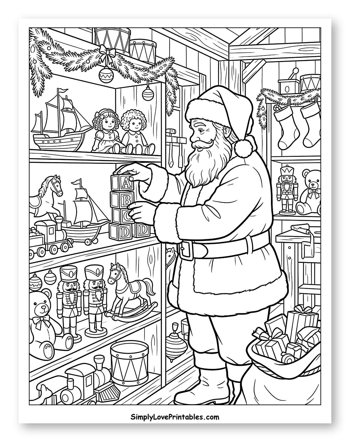 Santa Claus Organizing Toys in His Workshop Coloring Page