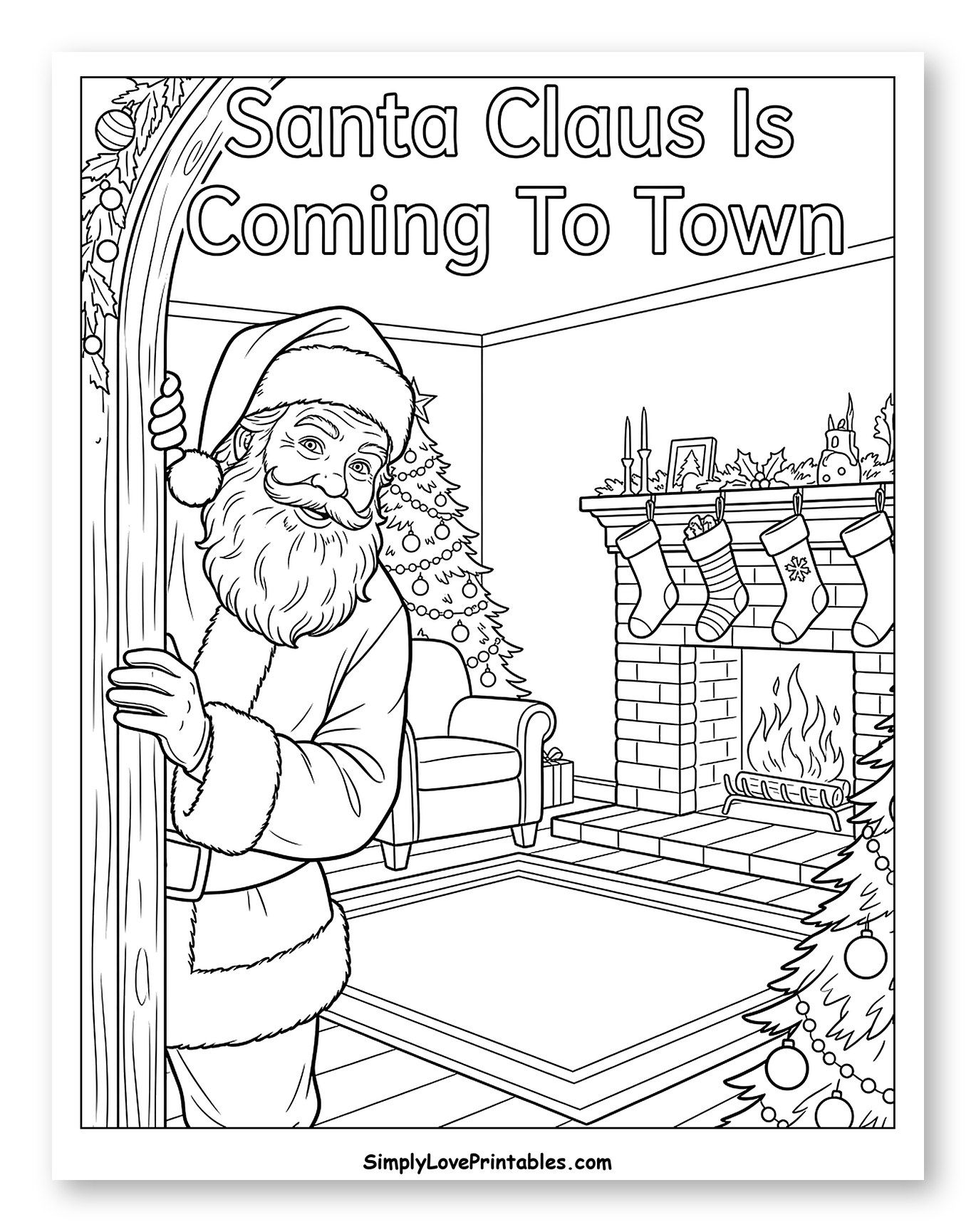 Santa Claus Peeking into a Cozy Living Room Coloring Page