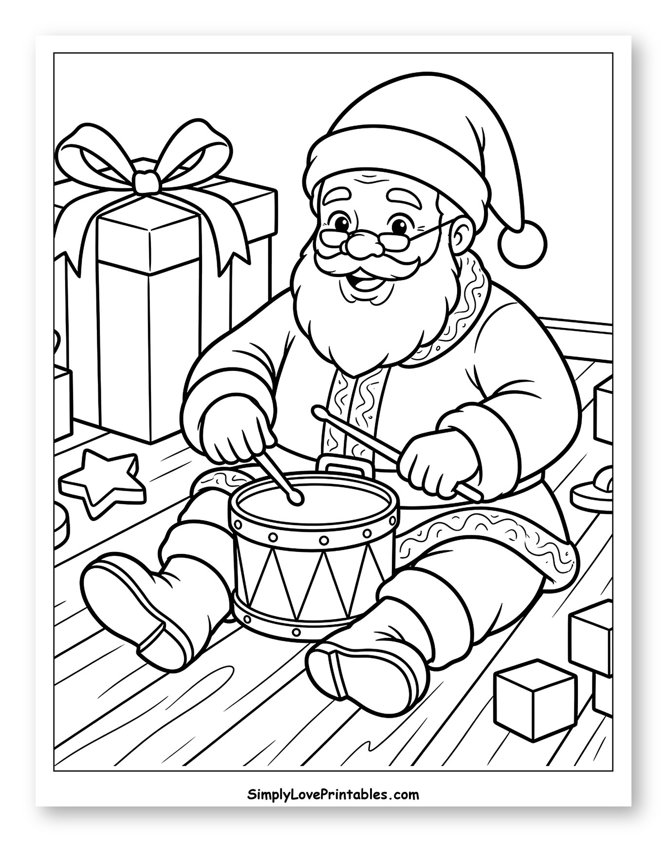 Santa Claus Playing a Small Toy Drum Coloring Page for Kids