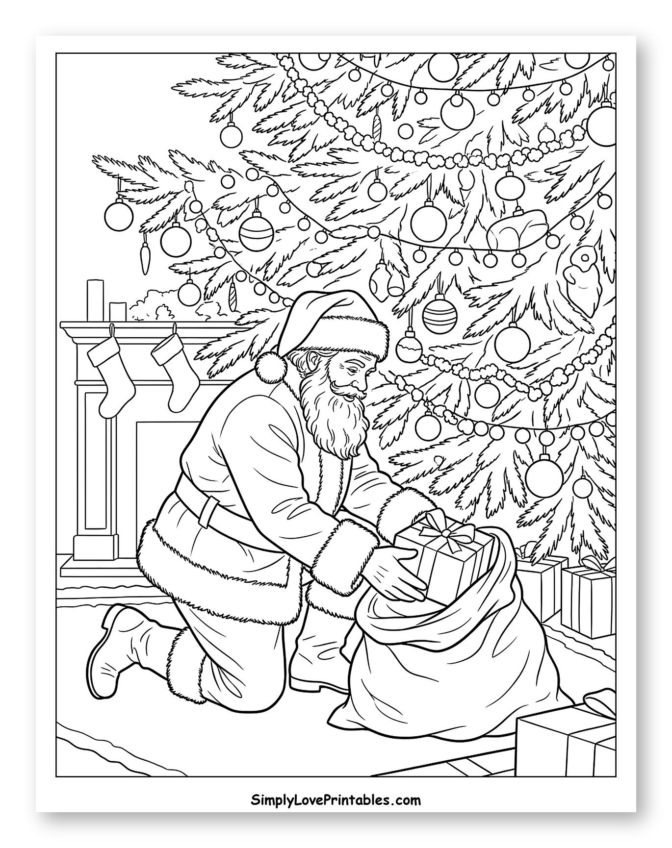 Santa Claus Preparing Presents Under the Christmas Tree Coloring Page