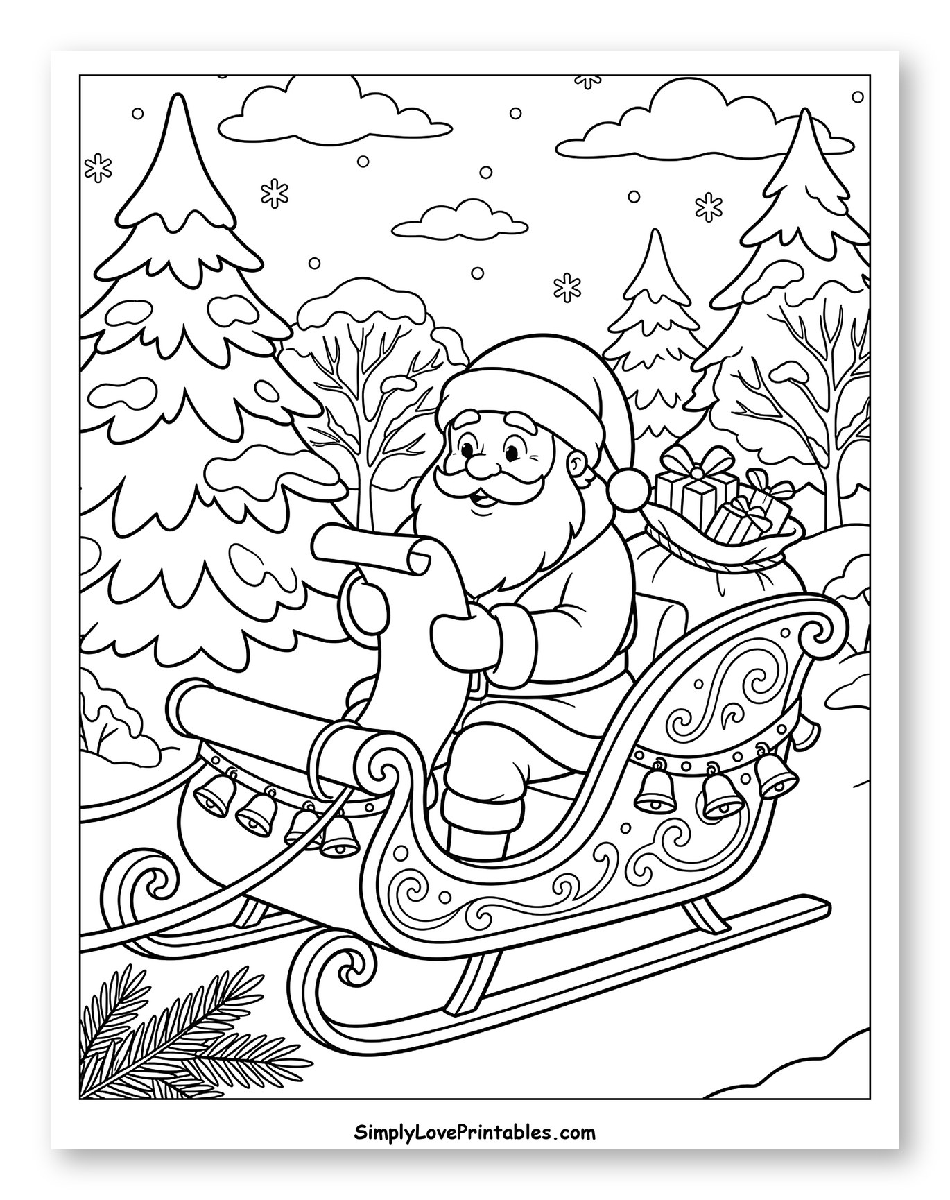 Santa Claus Reading His List in His Sleigh Coloring Page for Kids