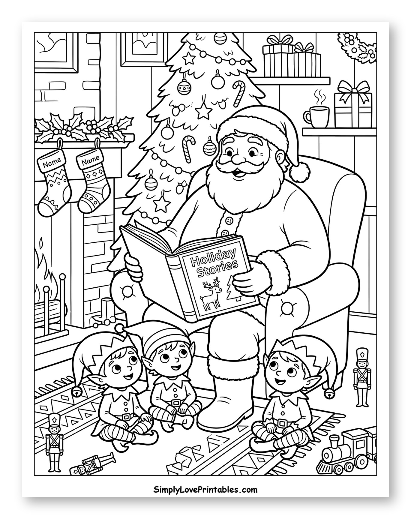 Santa Claus Reading Stories to Little Elves to Color for Kids