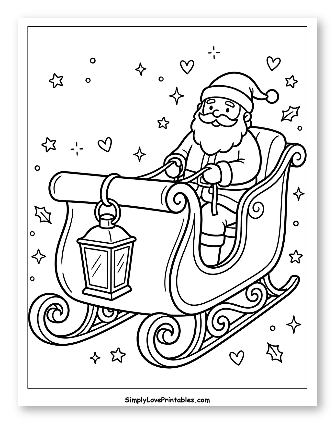 Santa Claus Riding a Sleigh with a Lantern to Color for Adults