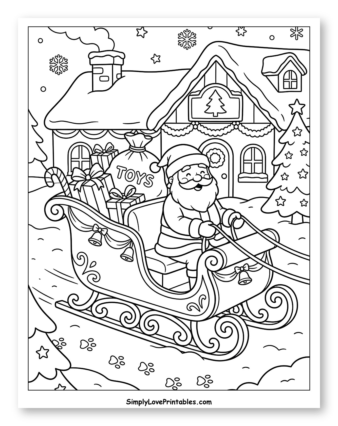 Santa Claus Riding His Sleigh Packed with Toys Coloring Sheet for Kids