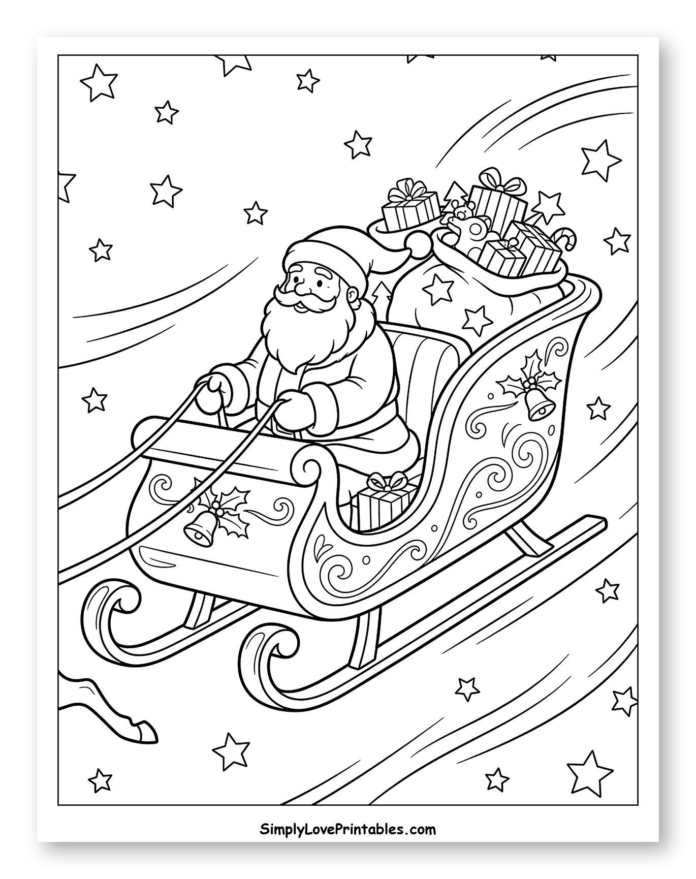 Santa Claus Riding His Sleigh Through Stars Coloring Sheet