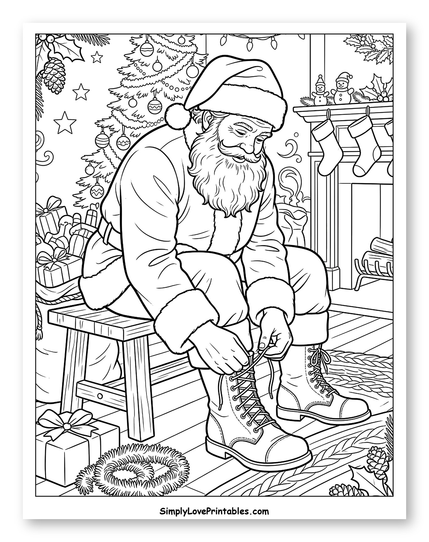 Santa Claus Tying His Boots by the Fireplace