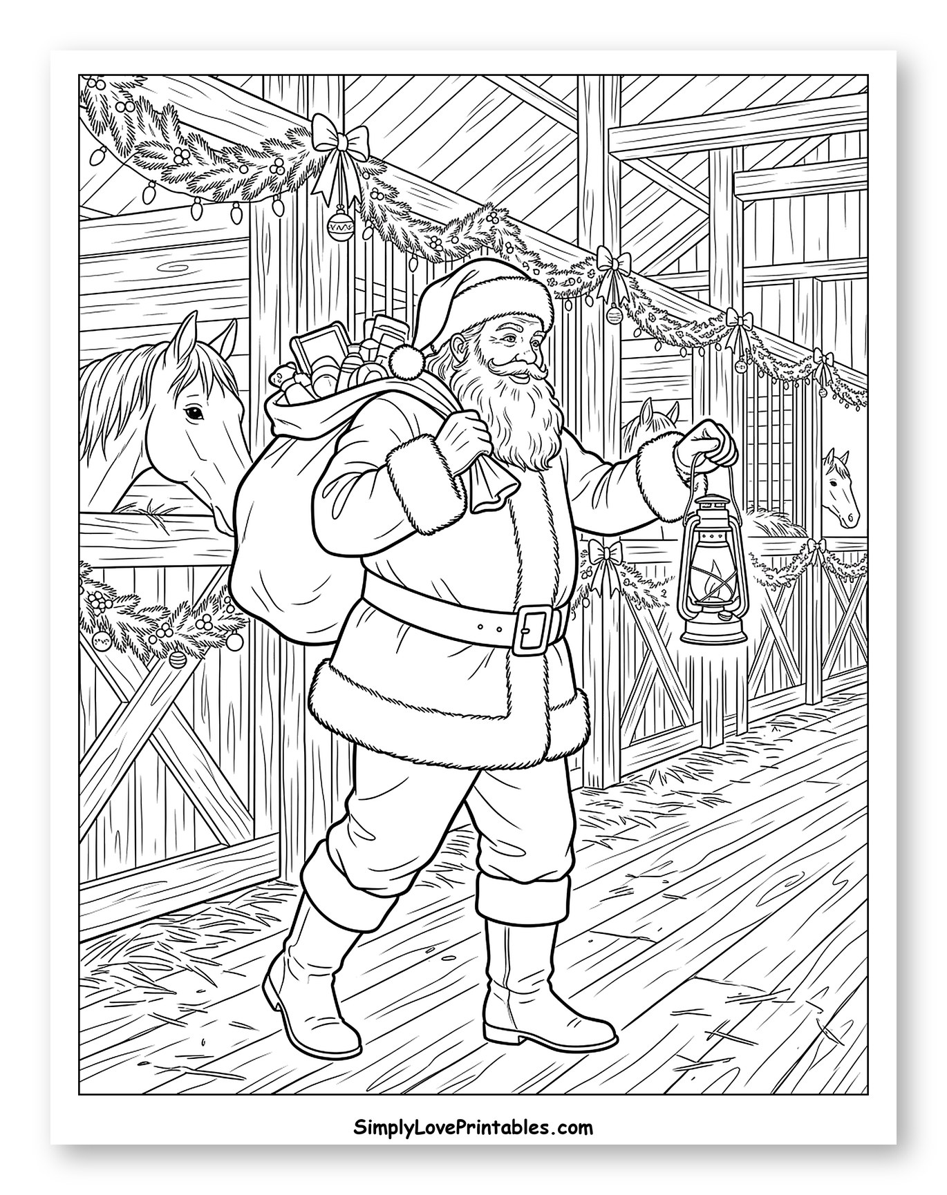 Santa Claus Visiting Horses in a Cozy Stable Coloring Page