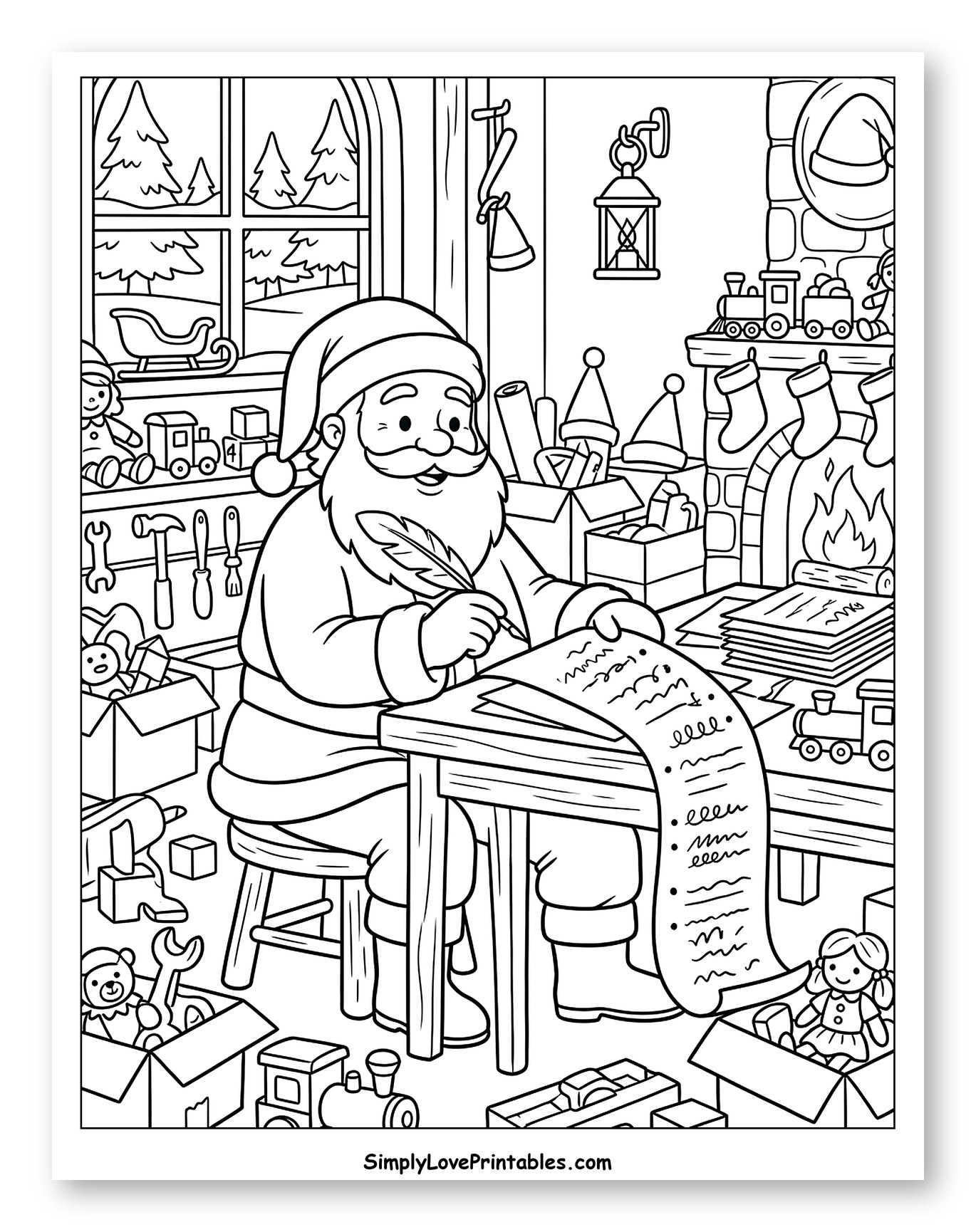 Santa Claus Writing His List in the Workshop to Color for Kids