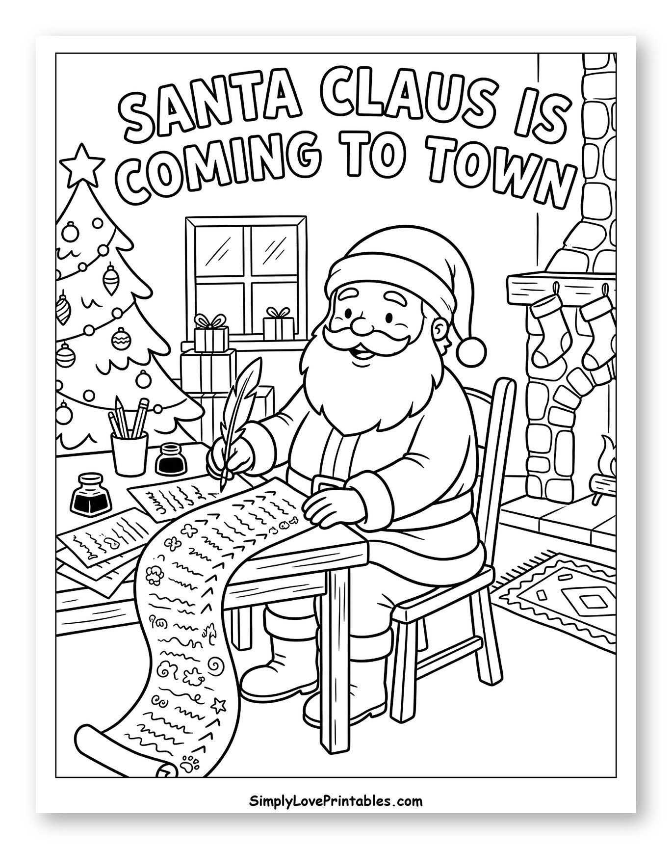 Santa Claus Writing His Long Holiday List to Color for Kids