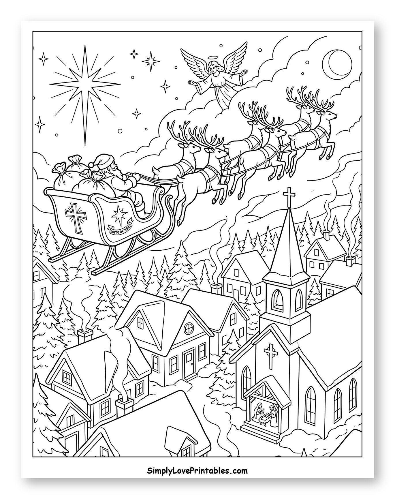 Santa Flying Over a Christmas Village with Nativity Coloring Sheet