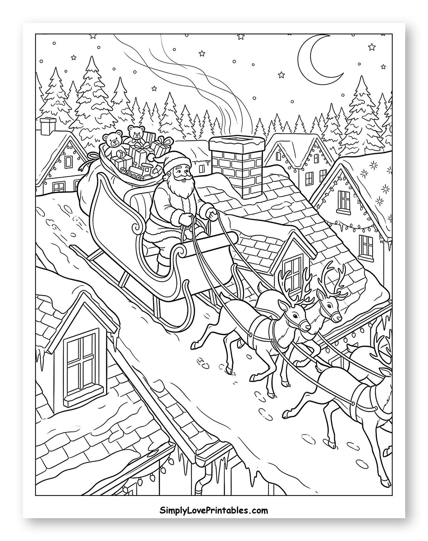 Santa Flying Over Snowy Rooftops with Reindeer Coloring Sheet