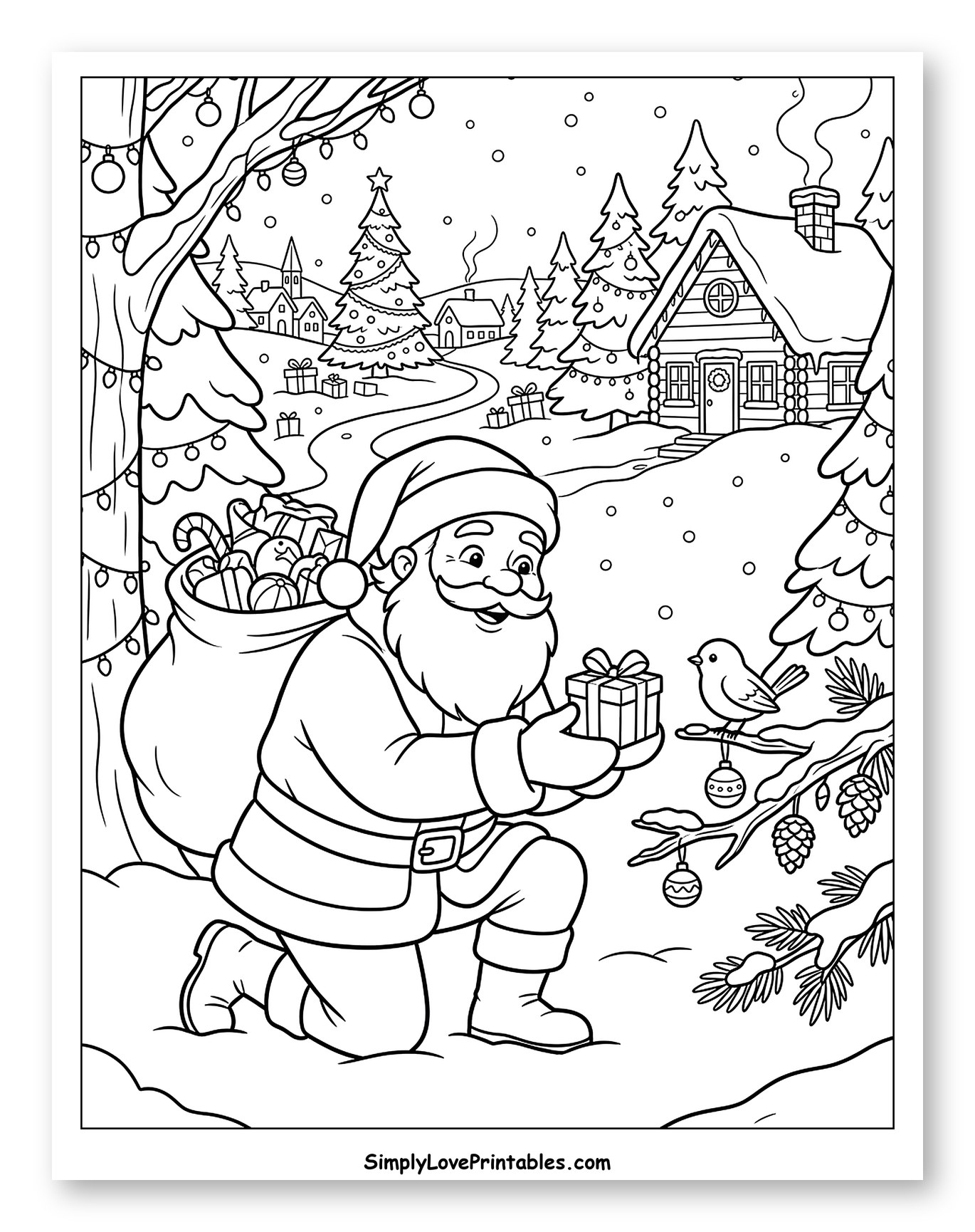 Santa Giving a Gift to a Little Bird Coloring Sheet for Kids