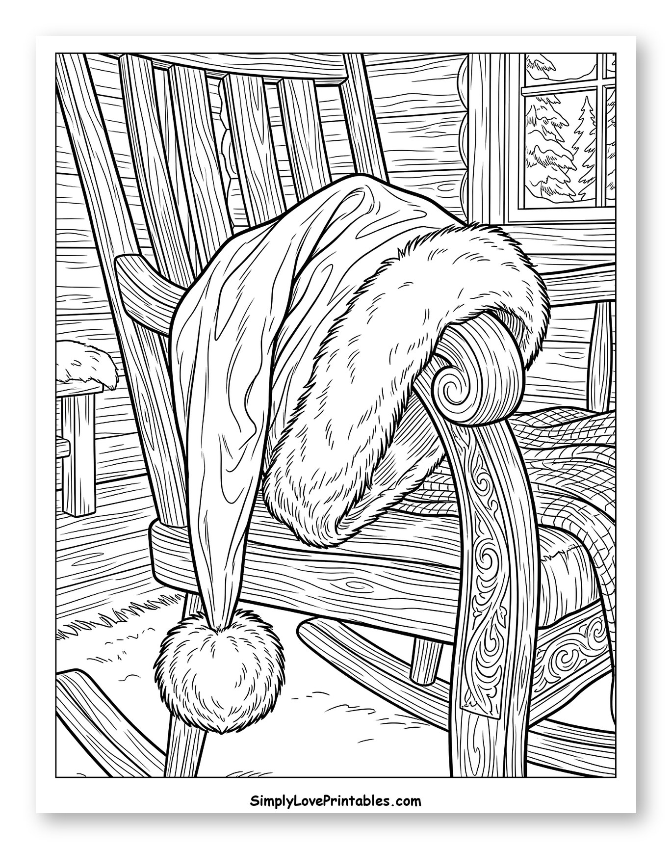 Santa Hat Draped Over a Wooden Rocking Chair to Color