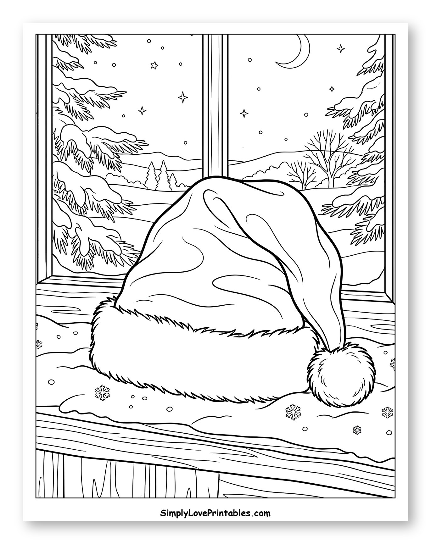 Santa Hat on a Snowy Windowsill Coloring Page
