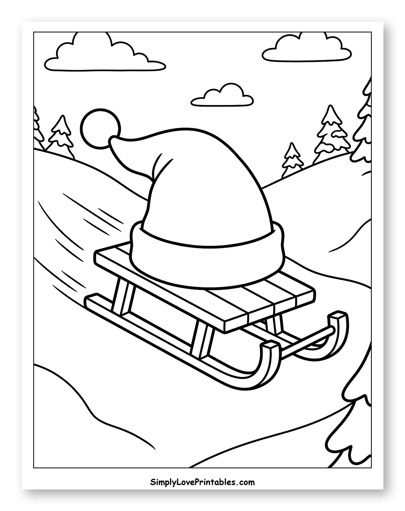 Santa Hat Sledding Down a Snowy Hill to Color for Kids