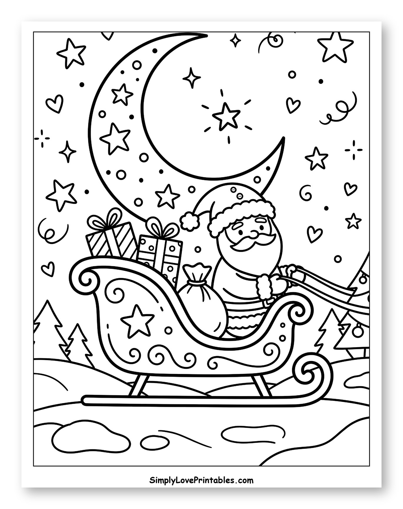 Santa in His Sleigh Under the Crescent Moon to Color for Adults