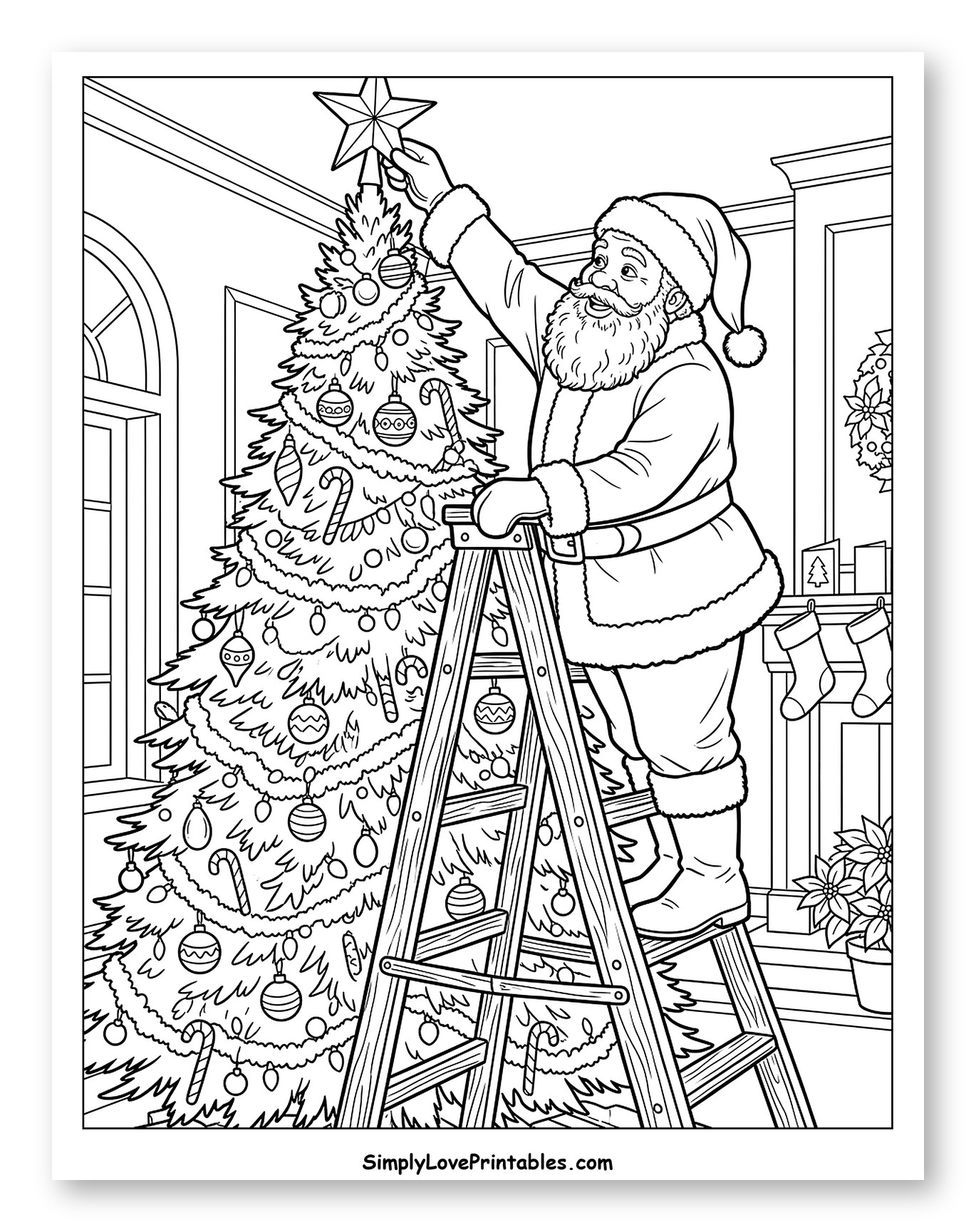 Santa Placing the Star atop the Christmas Tree Coloring Sheet