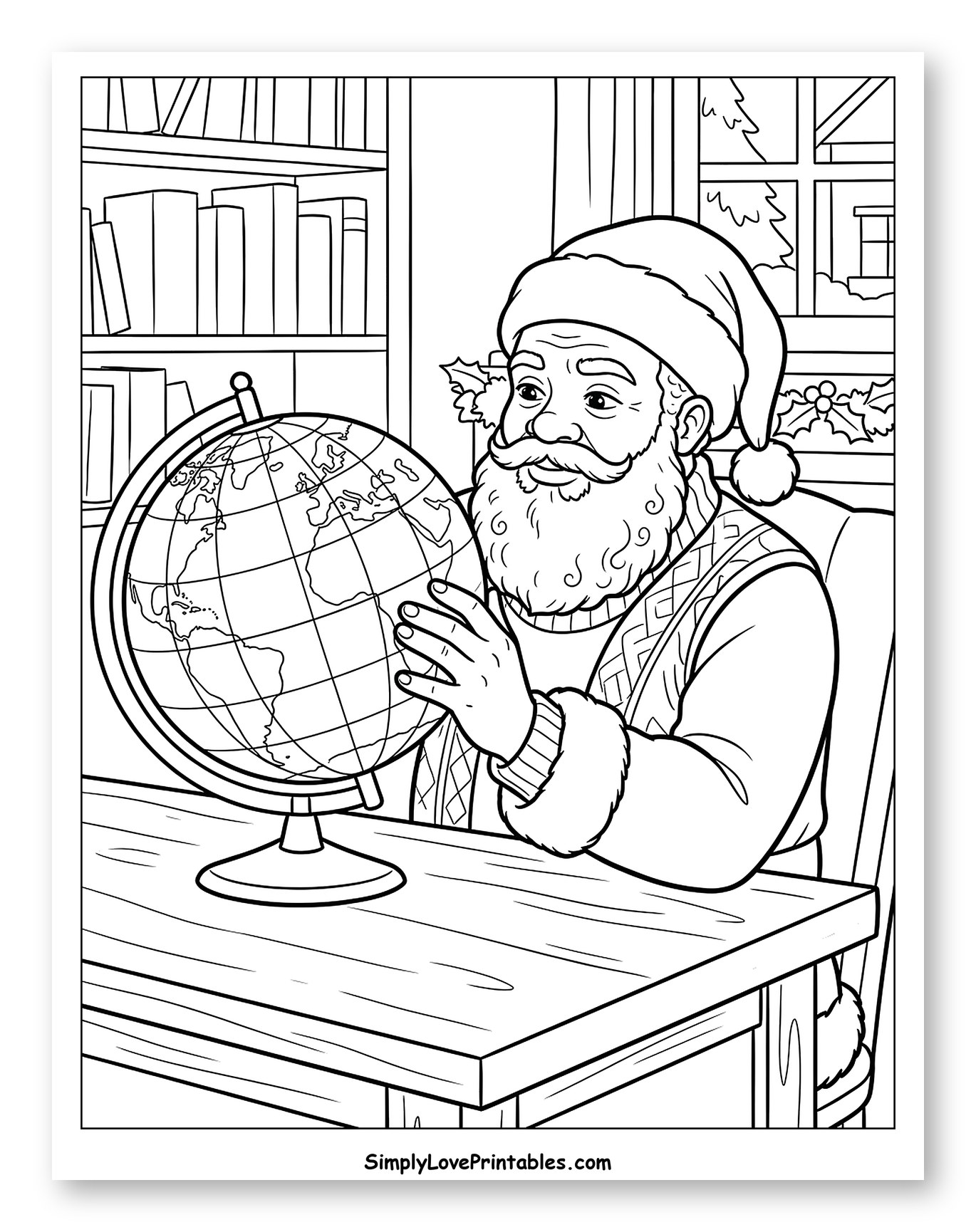 Santa Planning His Christmas Route on a Globe to Color