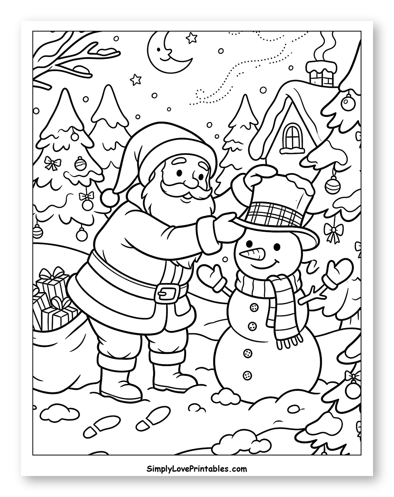 Santa Putting a Top Hat on a Snowman Coloring Page for Kids
